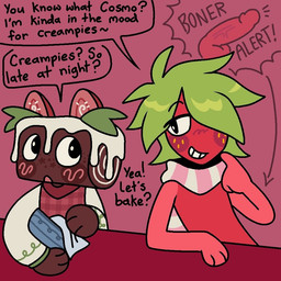anthro bangs cartoon_freckles dialogue duo duo_focus duo_in_panel female food freckled_face freckles fruit group male male/female plant speech_bubble talking_to_another talking_to_viewer text just_squidding blushcrunch_studio dandy's_world roblox cosmo_(dandy's_world) sprout_(dandy's_world) elemental_creature flora_fauna food_creature living_fruit 1:1 english_text