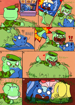 4_fingers abdominal_bulge anthro anthro_pred anthro_prey army_uniform arrow_(marking) belly belly_crush beret big_belly big_tail blue_body blue_fur bodily_fluids buckteeth camo cash_register churn clothing color_coded_text counter exclamation_point eyelashes female female_anthro female_prey fingers fur glurk green_body green_fur hat headgear headwear heart_nose heart_symbol huge_belly hyper hyper_belly internal long_ears lying male male_anthro male_pred male_prey multiple_prey neck_bulge on_front open_mouth oral_vore picture_frame pink_body pink_fur portrait_(object) prey_imprint rosy_cheeks saliva scared screaming scut_tail sharp_teeth shirt short_ears short_tail slosh sloshing_belly soft_vore spiral spiral_eyes stomach_acid struggling struggling_prey swallowing sweat tail teeth tongue topwear unconscious_male vore yellow_body yellow_eyes yellow_fur nikko-kai-cutie happy_tree_friends cuddles_(htf) flippy_(htf) fliqpy_(htf) giggles_(htf) petunia_(htf) bear chipmunk ground_squirrel lagomorph leporid mammal mephitid rabbit rodent sciurid skunk striped_skunk 2020 absurd_res comic hi_res