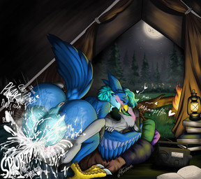 anthro balls beak big_balls big_penis blue_body blue_eyes blue_feathers bodily_fluids book campfire camping cheek_markings cum duo electronics excessive_cum excessive_genital_fluids facial_markings feathers feet forest from_front_position genital_fluids genitals green_eyes green_tongue head_markings hooves huge_balls huge_penis hyper hyper_balls hyper_genitalia hyper_penis lamp lantern log male male/male markings mating_press moon musk open_beak open_mouth passionate_kiss penis pillow plant plap radio rough_sex sex tail tail_feathers talons text toes tongue tree turquoise_hair wings wood furbave mythology avius_volante avian bird deer dragon hybrid mammal mythological_creature mythological_scalie scalie absurd_res hi_res