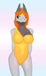 3:5 4_horns anthro big_breasts black_sclera breasts clothing dragon eyebrows female grey_body grey_horn grey_scales gusta hair hands_behind_back hi_res horn multi_horn mythological_creature mythological_scalie mythology one-piece_swimsuit orange_eyebrows orange_hair orange_pupils pupils scales scalie single_strap single_strap_clothing single_strap_swimsuit single_strap_swimwear sketchella_(gusta) slit_pupils solo standing swimwear white_eyes yellow_clothing yellow_swimwear