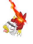 3:4 ambiguous_gender bandai_namco burning butt butt_on_fire digimon digimon_(species) feathers fifybear fire hand_on_butt hasbro hawkmon open_mouth pain simple_background solo tail tail_feathers tongue tongue_out