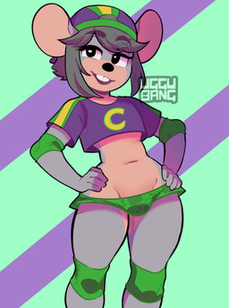 anthro backwards_baseball_cap backwards_hat baseball_cap black_eyes black_nose bottomwear buckteeth bulge clothed clothing crop_top crotch_lines femboy fur green_bottomwear green_clothing green_skirt grey_body grey_fur grey_hair hair hands_on_hips hat headgear headwear male mascot miniskirt navel pattern_background purple_clothing purple_crop_top purple_hat purple_headwear purple_shirt purple_topwear shirt simple_background skirt solo striped_background teeth topwear uggu_bang chuck_e._cheese's_pizzeria charles_entertainment_cheese house_mouse mammal mouse murid murine rat rodent absurd_res hi_res watermark