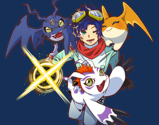 blue_hair eyewear feral goggles group hair male one_eye_closed scarf smile wink aichiukuchiu bandai_namco digimon digimon_story:_time_stranger dan_yuki_(digimon) demidevimon digimon_(species) gomamon human mammal patamon alpha_channel