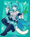 anthro blue_hair clothing female food fur hair holding_object leek legwear onion plant solo thigh_highs vegetable white_body white_fur nagifur vocaloid hatsune_miku felid feline mammal hi_res