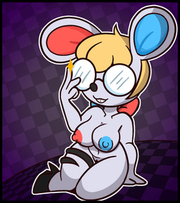 accessory anthro big_breasts black_border border bow_ribbon breasts buckteeth checkered checkered_background eyewear female genitals glasses hair_accessory hair_bow hair_ribbon innie_vulva mismatched_nipples nipples nude pattern_background ribbons simple_background sitting solo teeth vulva zaldenvire animal_crossing nintendo petri_(animal_crossing) house_mouse mammal mouse murid murine rodent hi_res