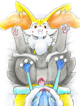 anthro bed blush blush_lines feet female from_front_position front_view furniture genitals hindpaw lying male male/female missionary_position on_back on_bed orange_eyes paws penis raised_leg sex sitting_on_tail tail vulva yellow_body eiroru nintendo pokemon braixen frogadier generation_6_pokemon pokemon_(species) 3:4 absurd_res hi_res