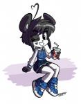 anthro beverage biped black_hair bottomwear clothing female footwear grin hair heart_eyes heart_symbol hoodie jacket legwear miniskirt one_eye_closed shoes short_hair simple_background sitting skirt smile sneakers soda solo stockings topwear wink zwimmy ken_ashcorp kenny_(kenashcorp) bear giant_panda mammal 2015 hi_res