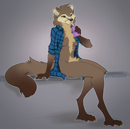 anthro biped bottomless bottomless_anthro bottomless_female breasts chest_tuft claws clothed clothed_anthro clothed_female clothing drinking drinking_straw feet female fingers flannel_shirt fur hair holding_object juice_carton neck_tuft open_clothing open_shirt open_topwear shirt sitting solo tail toes topwear tuft ruaidri gulonine mammal marten mustelid musteline 2026 digital_drawing_(artwork) digital_media_(artwork)