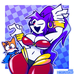 anthro belly_dancer big_breasts black_eyes blue_background blue_scarf blush bottomwear bracelet breasts checkered checkered_background cleavage clothed clothing cosplay duo ear_piercing ear_ring female fur hair jewelry looking_at_viewer male navel one_eye_closed open_mouth orange_body orange_fur pattern_background piercing ponytail purple_body purple_fur red_bottomwear red_clothing red_topwear ring_piercing scarf simple_background thick_thighs topwear white_body white_fur wide_hips wink winking_at_viewer tapormint creepypasta needlem0use_(analogue_horror) sega shantae_(series) sonic.exe_(creepypasta) sonic_the_hedgehog_(series) wayforward fan_character luther_(needlemouse) miles_prower sarah_(needlemouse) shantae sonic_the_hedgehog canid canine eulipotyphlan fox hedgehog mammal 1:1