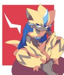 ambiguous_gender anthro big_ears blue_eyes clothed clothing fur looking_at_viewer multicolored_arms multicolored_body navel partially_clothed simple_background solo tail yellow_body yellow_fur syuya nintendo pokemon generation_7_pokemon legendary_pokemon pokemon_(species) zeraora 2022 absurd_res hi_res