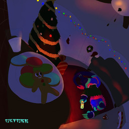 anthro blue_body blue_fur ceiling_fan cellphone christmas_clothing christmas_decorations christmas_headwear christmas_lights christmas_stocking christmas_tree clothing cookie dim_lighting electric_fan electronics female food fur furniture gift green_clothing green_sweater green_topwear hat headgear headwear holidays horn milk phone pink_body pink_fur plant plate rug santa_hat sleeping sofa solo sweater topwear tree wrapping_paper tikytikk christmas jojo's_bizarre_adventure stardust_crusaders dio_brando jotaro_kujo lyvia_(tikytikk) wickerbeast 1:1 absurd_res hi_res