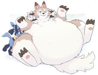 ambiguous_gender anthro belly big_belly blue_body blue_fur bodily_fluids brown_body brown_fur feral fur immobile morbidly_obese obese overweight pushing size_difference sweat white_body taka_fin9623 nintendo pokemon canid canine generation_4_pokemon generation_7_pokemon lucario lycanroc mammal midday_lycanroc pokemon_(species) hi_res