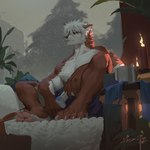 anthro candle cheek_tuft clothed clothing controller facial_tuft fur hair holding_controller holding_object male mouth_closed neck_tuft plant purple_eyes red_body red_fur short_hair sitting snow solo text topless tree tuft white_body white_fur white_hair awaldkize canid mammal 1:1 absurd_res english_text hi_res