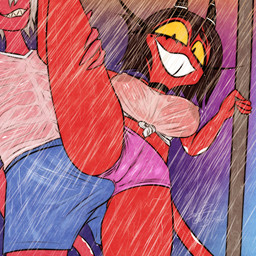 anal_prodding blue_bottomwear blue_clothing blue_shorts bottomwear bulge camel_toe clothing duo female grey_hair grin grinding hair humanoid_on_humanoid imminent_sex intraspecies looking_down male male/female markings nipple_outline nipples not_furry outside pink_bottomwear pink_clothing pink_shorts plump_camel_toe raining raised_leg red_body red_nipples red_skin shorts smile spots spotted_body spotted_skin spread_legs spreading teeth tooth_gap wet wet_clothing white_body white_skin white_spots yellow_sclera kojot hellaverse helluva_boss millie_(helluva_boss) demon humanoid imp 1:1 2025 hi_res