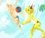 action_pose anthro ball beach belly blonde_hair bottomwear clothed clothing cloud duo equine_legs femboy fur green_eyes hair happy homoerotic_beach_volleyball hooves long_hair male navel nipples open_mouth outside pose seaside short_story shorts skimpy sky slim speedo sport swimwear tail volleyball volleyball_(ball) white_belly white_hair yellow_body yellow_fur peritian bae_bunny malcolm_(stripes) equid equine horse lagomorph leporid mammal rabbit 2012 story story_in_description