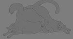 ambiguous_gender ass_to_ass belly big_belly cheek_tuft duo facial_tuft feral huge_belly lying mouth_closed obese on_front overweight side_view simple_background text tuft vore roobin canid canine felid mammal artist_name hi_res monochrome