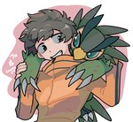 anthro bakamaokun bandai_namco beak brown_body brown_eyes brown_feathers brown_hair claws digimon digimon_(species) digimon_survive duo falcomon falcomon_(survive) feathers green_eyes grin hair hi_res human male mammal smile