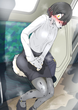 accident anthro black_hair blush bodily_fluids desperation embarrassed female genital_fluids hair hands_on_crotch inside_train office_worker omorashi orange_eyes peeing potty_dance public_urination solo_focus standing tears train urine vehicle wetting mttbsmn canid canine canis dalmatian domestic_dog mammal absurd_res hi_res