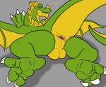 3_toes anus backsack balls blue_eyes butt claws curling_toes dialogue feet feral foot_focus genitals green_body green_scales hindpaw horn lying male membrane_(anatomy) membranous_wings non-mammal_balls on_front open_mouth open_smile paws perineum presenting presenting_hindquarters raised_tail scales simple_background smile soles solo tail tail_anus teeth text thick_tail toe_claws toes wings yellow_body yellow_scales fol european_mythology mythology chaussette dragon mythological_creature mythological_scalie reptile scalie western_dragon english_text unfinished