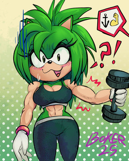 abs alternate_color alternate_hairstyle anthro athletic athletic_female big_breasts blush bra breasts clothing dumbbell embarrassed fangs female fur gloves green_body green_eyes green_fur handwear interrobang midriff muscular muscular_female navel open_mouth solo spandex_pants sports_bra teeth text underwear weights white_clothing white_gloves white_handwear boker sega sonic_the_hedgehog_(series) amy_rose eulipotyphlan hedgehog mammal artist_name signature