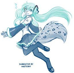 accessory anthro biped bottomwear breasts clothed clothed_anthro clothed_female clothing cosplay digitigrade feet female fingers fully_clothed fully_clothed_anthro fully_clothed_female fur green_hair hair legwear looking_at_viewer looking_back looking_back_at_viewer markings musical_note musical_symbol necktie open_mouth open_smile paw_socks pawpads pigtails simple_background skirt sleeves smile solo spots spotted_body spotted_fur spotted_markings spotted_tail symbol tail tail_markings teeth text thigh_highs toes tongue topwear white_background conditional_dnp tom_fischbach twokinds vocaloid yamaha_corporation hatsune_miku kathrin_vaughan canid canine felid feline hybrid keidran mammal 2026 digital_drawing_(artwork) digital_media_(artwork) english_text hi_res monochrome sketch spot_color