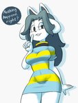 anthro breasts clothed clothing dress female fur gesture hair lazy_eye medium_breasts shush simple_background smile solo standing text white_background white_body white_fur minus8 undertale undertale_(series) temmie_(undertale) mammal tem english_text