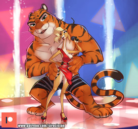 ankle_strap_heels anthro blonde_hair bottomwear breasts claws clothed clothing countershading dress duo electronics female flashing footwear fur genitals hair high_heeled_sandals high_heels hooves horn larger_male male microphone nipples no_underwear one_breast_out open_mouth orange_body orange_fur platform_footwear platform_heels red_clothing red_footwear red_high_heels sandals shoes short_dress shorts size_difference smaller_female stage striped_body striped_fur stripes tan_body tan_fur topless underwear underwear_only vulva wardrobe_malfunction zootopia_shorts siroc disney zootopia gazelle_(zootopia) tiger_dancer_(zootopia) antelope bovid felid gazelle mammal pantherine tiger absurd_res hi_res