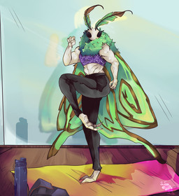 antennae_(anatomy) anthro athletic athletic_female bent_arm bent_leg bottomwear bra clothing female fluffy muscular muscular_female neck_tuft pants pose raised_leg simple_background solo sports_bra sportswear tuft underwear wings yoga_mat yoga_pants ssleepyflowers arthropod insect lepidopteran moth hi_res
