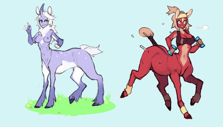 5_fingers blue_background bodily_fluids breasts brown_hair duo exercise female fingerless_(marking) fingers gloves_(marking) grass hair hooves horn leg_markings markings nipples plant purple_nipples simple_background smile socks_(marking) standing sweat white_hair nox_(artist) european_mythology greek_mythology mythology centaur equid equid_taur equine humanoid_taur mammal mammal_taur mythological_creature mythological_equine taur unicorn 2016 absurd_res digital_media_(artwork) hi_res sketch