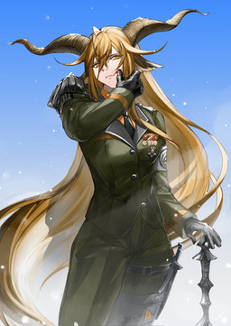 black_clothing black_gloves black_handwear blonde_hair blood bodily_fluids bottomwear breasts clothing dagger female gloves green_bottomwear green_clothing green_jacket green_pants green_topwear hair handwear horn jacket long_hair medal melee_weapon necktie pants simple_background snow solo topwear uniform weapon yellow_eyes qiediguo arknights hypergryph studio_montagne degenbrecher_(arknights) animal_humanoid bovid bovid_humanoid caprine caprine_humanoid goat_humanoid humanoid mammal mammal_humanoid 2022 digital_media_(artwork) hi_res