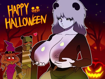 anthro big_breasts black_nose blush bouncing_breasts breasts clothed clothing female frankenstein_costume group hair happy_halloween hat headgear headwear holidays magic_user male male/female nipple_piercing nipples piercing text trio white_body white_hair witch witch_costume witch_hat voideyedpanda elvira:_mistress_of_the_dark halloween bo_(voideyedpanda) elvira_(mistress_of_the_dark) millie_(voideyedpanda) veddy_(voideyedpanda) bear giant_panda mammal 2025 animated loop no_sound short_playtime