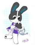 anthro black_body black_fur blue_background clean_diaper clothed clothing diaper dress female flower fur happy pawpads petals plant rear_view simple_background smile solo standing water watering_can wearing_diaper white_background white_body white_fur slusheep animal_crossing nintendo dotty_(animal_crossing) lagomorph leporid mammal rabbit 2019 hi_res