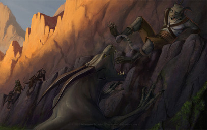 3_toes anthro attack clothed clothing day detailed_background digitigrade feet feral group horn male open_mouth outside scared teeth text toes tongue sythgara easkull url watermark