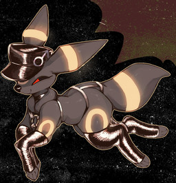 ambiguous_feral ambiguous_gender armwear big_tail black_armwear black_body black_clothing black_elbow_gloves black_fur black_gloves black_handwear black_hat black_headwear black_leather black_nose closed_smile clothed clothed_feral clothing cosmic_background coy dewlap_(anatomy) digitigrade elbow_gloves feet feral fingerless_gloves floating fur gender_symbol glistening glistening_armwear glistening_clothing glistening_elbow_gloves glistening_gloves glistening_handwear glistening_harness glistening_hat glistening_headgear glistening_headwear glistening_legwear glistening_thigh_highs gloves glowing glowing_markings half-closed_eyes handwear happy harness hat headgear headwear hindpaw leather leather_clothing leather_hat leather_headgear leather_headwear leather_legwear leather_thigh_highs legwear lgbt_pride looking_back male_symbol markings mouth_closed narrowed_eyes night paws pointed_tail pointy_ears pride_colors red_eyes red_sclera ring_(marking) side_view slightly_chubby slightly_chubby_ambiguous slightly_chubby_feral smile solo space star starry_background symbol tail thick_thighs thigh_highs toeless_thigh_highs transgender_pride_colors yellow_glow yellow_markings corromon nintendo pokemon umbreon_sona_(wolfertinger) eeveelution generation_2_pokemon pokemon_(species) umbreon 2026 absurd_res full-length_portrait hi_res portrait shaded soft_shading trans_(lore) trans_man_(lore)