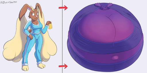 anthro before_and_after belly belly_expansion big_belly big_breasts big_navel blue_bottomwear blue_clothing blue_pants blue_shirt blue_topwear blue_tracksuit blueberry_inflation body_inflation bottomwear breast_expansion breasts brown_body brown_ears brown_tail clothing expansion eyebrows eyelashes female grey_background huge_belly huge_breasts huge_navel hyper hyper_belly hyper_breasts hyper_inflation hyper_navel immobile inflation navel outie_navel pants pink_inner_ear pink_nose purple_body purple_ears purple_eyebrows purple_sclera red_eyes round_body scut_tail shirt short_tail simple_background solo spherical_inflation sunken_head sunken_limbs tail tan_ears tan_eyebrows text tight_clothing topwear tracksuit jackiesquirrel charlie_and_the_chocolate_factory nintendo pokemon generation_4_pokemon lopunny pokemon_(species) 2026 artist_name colored digital_media_(artwork) hi_res shaded