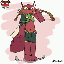 accessory anthro archer barefoot bottomwear clothed clothing eyewear feet goggles holding_object male red_body shirt solo topwear walking wings yellow_eyes guy4well mimi_(guy4well) ant arthropod hymenopteran insect 1:1 2d_animation animated frame_by_frame