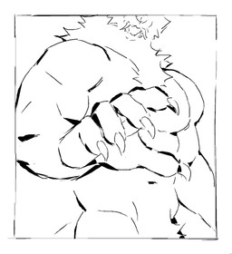 5_fingers anthro claws finger_claws fingers foreshortening front_view fur male muscular muscular_anthro muscular_male neck_tuft nude nude_anthro nude_male overbite pose reaching_towards_viewer simple_background solo torso_shot tuft white_background kingarthur_i canid mammal 2024 black_and_white digital_drawing_(artwork) digital_media_(artwork) half-length_portrait hi_res line_art monochrome portrait