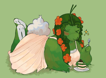 accessory ahoge anthro barefoot biped cake clothing cotton_tail cutlery dessert dress eating_cake emanata eyes_closed feet female flower flower_in_hair food green_hair hair hair_accessory holding_spoon kitchen_utensils long_hair plant plate slightly_chubby slightly_chubby_female smile solo spoon tools twigsyy bunnalie_(twigsyy) lagomorph leporid mammal rabbit hi_res