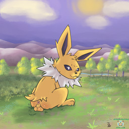 anus backsack balls black_sclera cloud cute_fangs fangs feral fur genitals grass looking_at_viewer looking_back looking_back_at_viewer male nude outside plant quadruped rear_view sitting solo sun teeth text tree white_eyes yellow_body yellow_fur aztepyeen nintendo pokemon eeveelution generation_1_pokemon jolteon pokemon_(species) 1:1 2022 absurd_res english_text hi_res