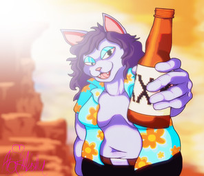 alcohol anthro beer beer_bottle belly belt beverage black_bottomwear black_clothing black_pants blue_eyeshadow bottle bottomwear breasts canyon clothed clothing collared_shirt container cosplay covered_breasts dress_shirt eyeshadow fangs female floral_print floral_shirt fur glowing green_eyes hair holding_beer holding_bottle holding_container holding_object light makeup navel open_clothing open_mouth open_shirt open_topwear overweight overweight_anthro pants pointy_ears purple_body purple_hair shirt solo sunlight teeth tongue topwear white_body white_fur xxx alexis_wasilla dingaling_productions lisa_the_painful lisa_the_timeless alexis_wasilla_(alexis_wasilla) domestic_cat felid feline felis mammal digital_media_(artwork) firealpaca_(artwork) half-length_portrait microsoft_paint_(artwork) paint.net_(artwork) portrait shaded trans_(lore) trans_woman_(lore)