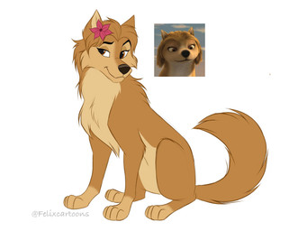 accessory black_eyebrows black_nose brown_eyes cheek_tuft chest_tuft eyebrows eyelashes facial_tuft female feral feral_with_hair flower flower_in_hair fur hair hair_accessory nude paws pink_flower plant quadruped simple_background sitting smile snout solo tail tan_body tan_fur toony tuft white_background felixcartoons alpha_and_omega kate_(alpha_and_omega) canid canine canis mammal wolf 2026 4:3 colored digital_drawing_(artwork) digital_media_(artwork) flat_colors hi_res