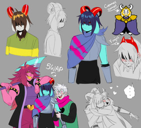 alternate_species ambiguous_gender anthro anthrofied armor blush cape clothing eyewear female glasses group hair hair_over_eyes horn male robe trio tiolimond deltarune undertale_(series) kris_dreemurr ralsei susie_(deltarune) bovid caprine goat human mammal hi_res