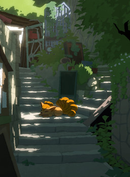 6_tails ambiguous_feral ambiguous_gender detailed_background feral fur hair leg_markings lying markings multi_tail on_front orange_body orange_ears orange_fur orange_hair orange_tail outside plant sleeping socks_(marking) solo stairs tail hyogonosuke nintendo pokemon generation_1_pokemon pokemon_(species) vulpix absurd_res colored hi_res shaded