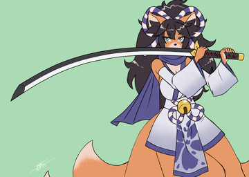 anthro bell big_breasts biped black_body black_fur blue_eyes breasts clothed clothed_anthro clothed_female clothing female female_anthro fur melee_weapon multi_tail orange_body orange_fur ribbons scarf solo sword tail weapon white_body white_fur furball canid canine fox mammal 2025 dated digital_drawing_(artwork) digital_media_(artwork) hi_res signature