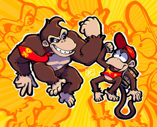 accessory anthro bottomless brown_body brown_fur clothed clothing duo eye_contact feet fingers fur hat headgear headwear looking_at_another male muscular muscular_male necktie open_mouth pecs prehensile_feet smile toes gabo_rabo donkey_kong_(series) nintendo diddy_kong donkey_kong_(character) ape haplorhine mammal monkey primate 2023 absurd_res hi_res signature