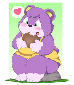 anthro black_nose blush bread clothed clothing female female_anthro food humanoid_hands kemono overweight overweight_female purple_body sitting slightly_chubby solo kusosensei animal_crossing nintendo megan_(animal_crossing) bear mammal 2022 hi_res