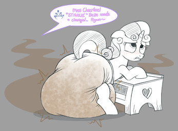 bench big_diaper blush clothed clothing crown diaper diaper_fetish diaper_only eyelashes eyes_up feces female head_tuft headgear heart_symbol horn huge_diaper offscreen_character pooping poopy_diaper raised_tail rear_view soiled_diaper soiling soiling_diaper solo speech_bubble stink_fumes tail teasing text topless tuft unclean_diaper used_diaper using_diaper wearing_diaper white_diaper tenerius friendship_is_magic hasbro my_little_pony sweetie_belle_(mlp) equid equine horse mammal pony absurd_res english_text hi_res sketch