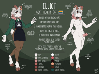 anthro apron balls barista bovid_horn caprine_horn chest_tuft clothing collar collared_shirt color_swatch dress_shirt ear_piercing femboy fur genitals goat_horn goat_tail green_clothing green_shirt green_topwear grey_hair hair hooves horn horn_jewelry horn_ring jewelry khakis lgbt_pride looking_at_viewer male nude nude_anthro nude_male off/on penis piercing pride_colors rainbow_flag rainbow_pride_flag rainbow_symbol ring_(jewelry) shirt simple_background solo text topwear tuft wearing_collar white_body white_fur work_uniform espressothegoat elliot_(espressothegoat) bovid caprine goat mammal 4:3 english_text flat_colors hi_res model_sheet