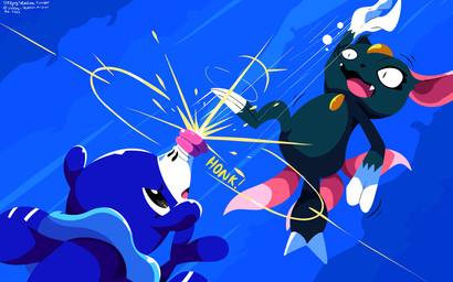 ambiguous_gender anthro black_eyes blue_body claws duo eyelashes feral fight finger_claws fur grey_body grey_fur markings open_mouth toe_claws tongue whisker_markings sleepy_sealion nintendo pokemon generation_2_pokemon generation_7_pokemon pokemon_(species) popplio sneasel 16:10 2025 absurd_res dated hi_res signature widescreen