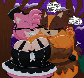 5_fingers accessory alternative_fashion anthro arm_around_waist big_breasts black_nose bone bottomwear bouncing_breasts breast_jiggle breasts brown_body brown_bottomwear brown_clothing brown_fur brown_hair bulging_breasts candy cavewoman cleavage cleavage_overflow clothed clothing cloud costume curvy_figure dessert detailed_background dialogue dress duo eyelashes female female/female fingers food fur gloves goth grin hair hair_accessory hairband halloween_costume hand_between_breasts hand_in_cleavage hand_on_another's_hip hand_on_hip handwear hat headband headgear headwear holidays huge_breasts jiggling long_hair motion_lines multicolored_body multicolored_clothing multicolored_dress multicolored_fur multicolored_hair open_mouth open_smile orange_body orange_fur orange_hair outside pink_body pink_fur pink_hair plant short_hair skirt sky small_waist smile speech_bubble star starry_sky tan_body tan_fur teeth text thick_thighs tongue top_hat topwear tree two_tone_body two_tone_fur two_tone_hair voluptuous voluptuous_anthro voluptuous_female wide_hipped_anthro wide_hipped_female wide_hips 3barts halloween sega sonic_boom sonic_the_hedgehog_(series) amy_rose sticks_the_jungle_badger badger eulipotyphlan hedgehog mammal mustelid musteline 2025 absurd_res digital_drawing_(artwork) digital_media_(artwork) english_text hi_res